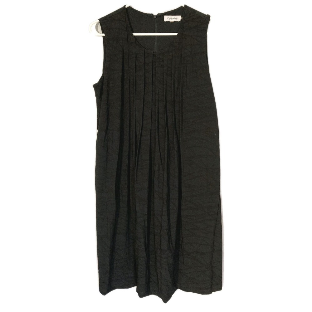 Calvin Klein Dress Women L Black Sleeveless Pleated Knee Length Shift Nylon EUC